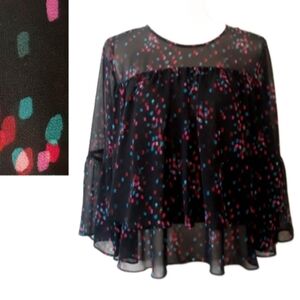 A New Day Confetti Polka Dot Tiered Ruffle Bell Sleeve Blouse - Size Small Black